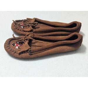 Minnetonka Womens Brown Tan Suede Thunderbird Beaded Moccasins Size 9.5